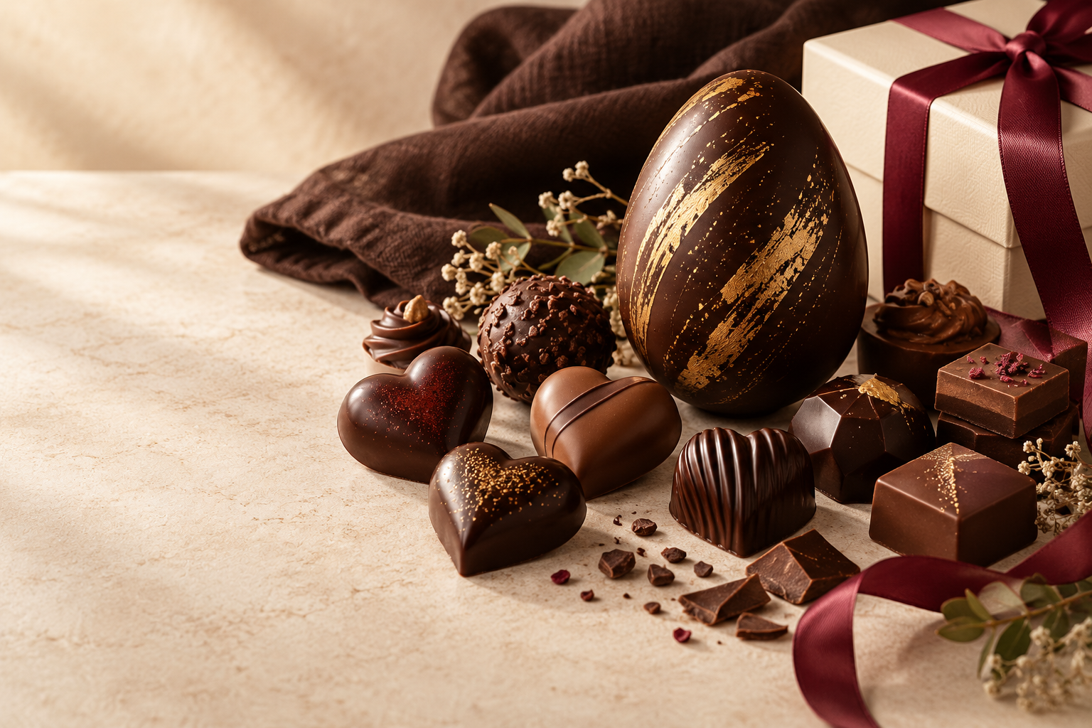 Composición ilustrativa de bombones, corazones y un huevo de chocolate